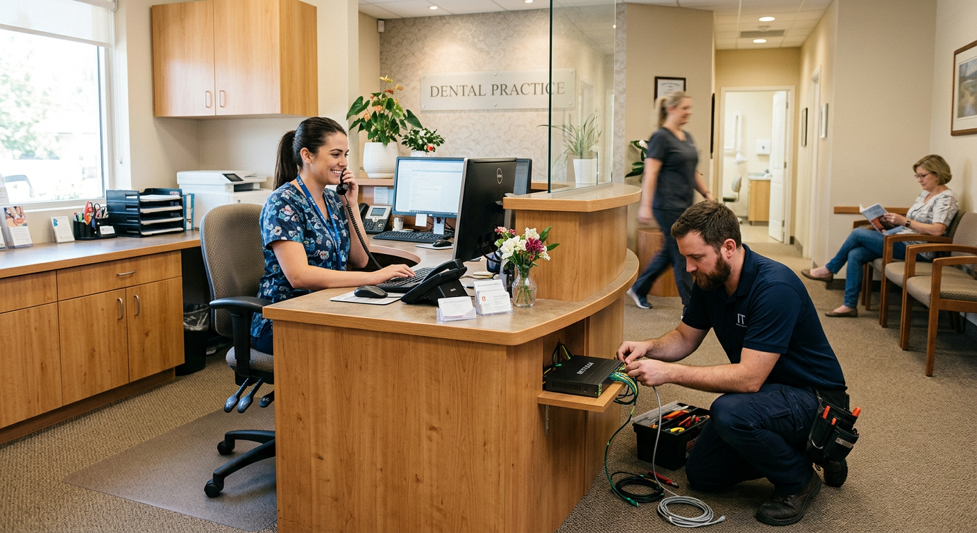 Dental front desk with an IT technician servicing network equipment