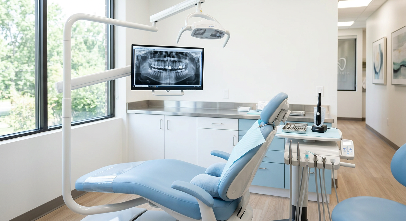 Modern dental operatory with a chairside monitor displaying a digital x-ray