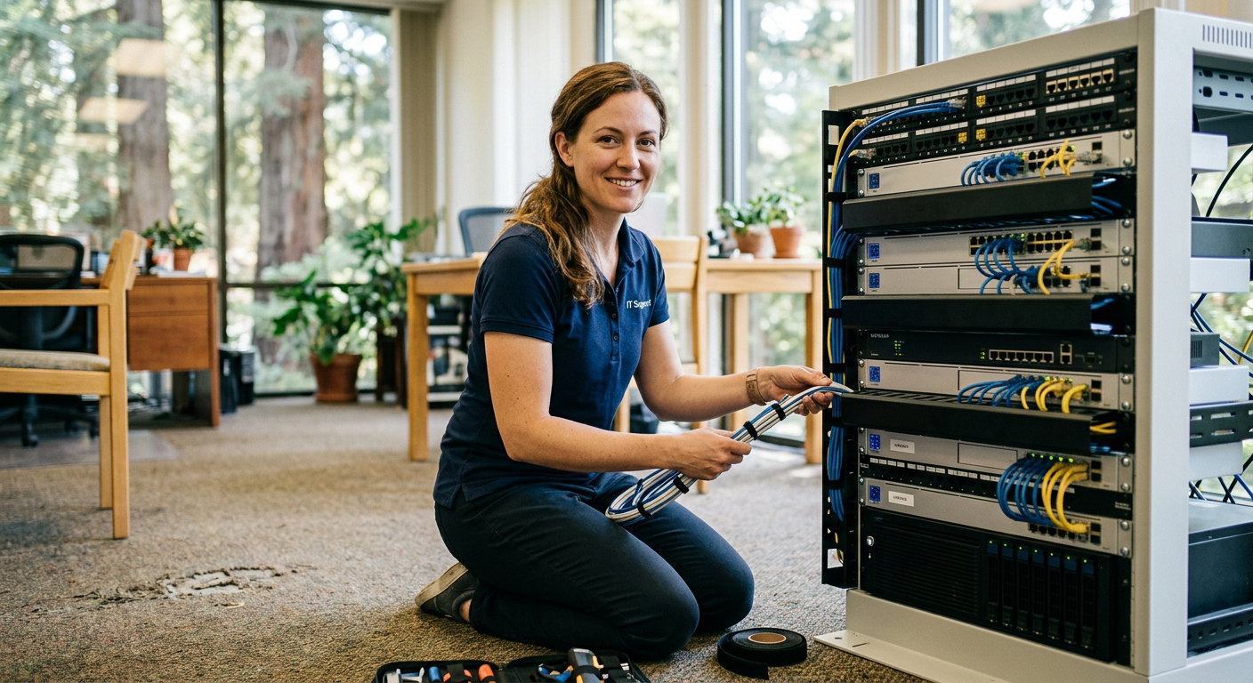 M&R Systems technician servicing a neatly organized network rack