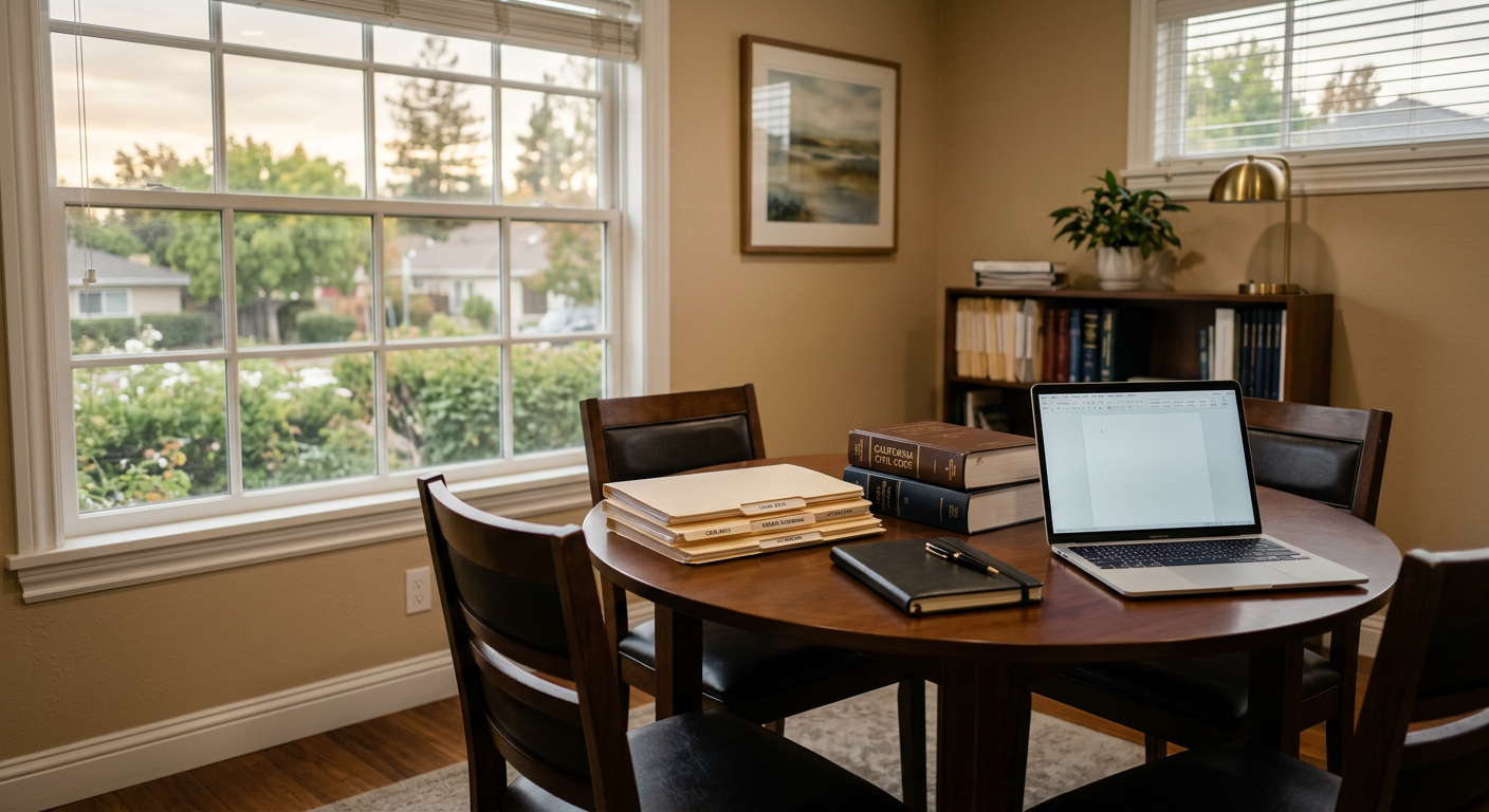 Law office conference room with a laptop beside organized case files