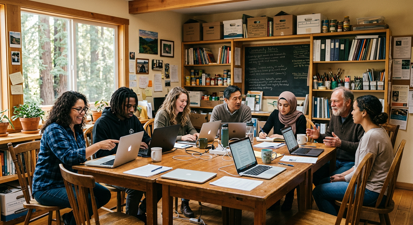 Nonprofit staff and volunteers collaborating around laptops in a community office