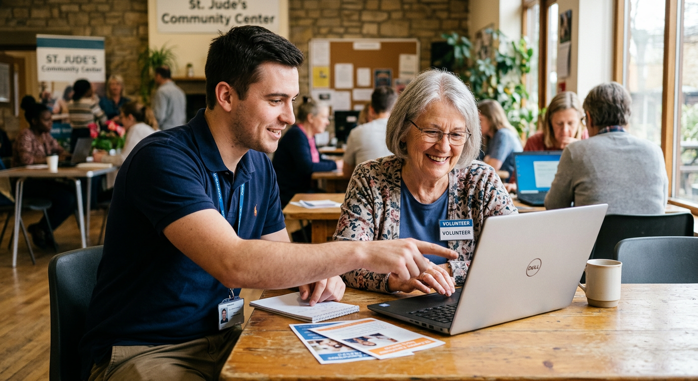 M&R Systems technician helping a nonprofit volunteer set up a laptop